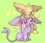 2008 big_ears blush bodily_fluids carrying_another cheek_tuft chest_tuft digital_media_(artwork) duo eevee eeveelution espeon facial_tuft feral fluffy_ears forehead_gem gem generation_1_pokemon generation_2_pokemon green_background green_eyes inner_ear_fluff kemono low_res mouth_closed nintendo no_pupils on_head open_mouth pokemon pokemon_(species) red_eyes shaded simple_background sitting suppainu sweat sweatdrop tuft