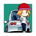  1girl absurdres baseball_cap black_footwear blonde_hair blue_pants car_keys duz english_commentary green_background hat highres looking_at_viewer nissan nissan_skyline nissan_skyline_r33 one_eye_closed original pants red_headwear shadow shoes short_hair smile sneakers solo stance_(vehicle) v vehicle_focus 