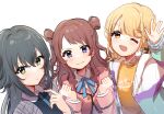  3girls black_hair blonde_hair blue_bow blue_bowtie blue_eyes blue_shirt blush bow bowtie brown_hair check_commentary checkered_clothes checkered_jacket clenched_hands commentary_request expressionless eyelashes fujita_kotone green_eyes grey_jacket hair_between_eyes hair_bun hanami_saki hand_up highres idolmaster_gakuen jacket long_hair long_sleeves looking_at_viewer messy_hair multicolored_clothes multicolored_jacket multiple_girls nnnn one_eye_closed open_mouth pink_jacket print_shirt shirt sidelocks smile tsukimura_temari upper_body v-shaped_eyebrows waving white_background white_shirt yellow_eyes yellow_shirt 