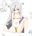  1girl ahoge animal_ears arona_(blue_archive) azusa_(blue_archive) bikini blue_archive blush breasts gold_bikini goreinu_white grey_hair hair_between_eyes highres kokona_(blue_archive) long_hair micro_bikini navel sidelocks simple_background small_breasts spread_legs swimsuit white_background yellow_eyes 