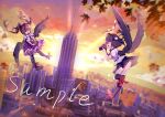  2girls absurdres black_feathers black_wings brown_hair city cloud feathered_wings feathers floating flying frilled_skirt frills hat highres himekaidou_hatate holding holding_phone leaf maple_leaf multiple_girls phone plaid plaid_skirt purple_skirt red_headwear scenery shameimaru_aya shirt shouxishao_jiuyuan skirt tokin_hat touhou twintails white_shirt wings 
