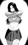  1girl absurdres bra breasts cleavage clothes_lift collared_shirt commission forehead highres large_breasts lifted_by_self long_hair long_sleeves looking_at_viewer monochrome navel original pleated_skirt shirt shirt_lift skirt smile solo standing thighhighs underwear zovokia 