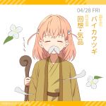  1girl brown_kimono cane closed_eyes covered_mouth dated eyebrows_hidden_by_hair facing_viewer fake_facial_hair fake_mustache flower hair_ornament hashtag highres hinoshita_kaho holding holding_cane japanese_clothes kimono letterboxed link!_like!_love_live! long_sleeves love_live! makki_do medium_hair orange_hair rabbit_hair_ornament side_ahoge solo sweet_mockorange white_background white_flower 