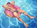  1boy abs arm_tattoo armpits bara bulge charlotte_katakuri chest_tattoo fangs food food_on_face ice_cream ice_cream_on_face large_pectorals lifebuoy looking_at_viewer male_focus male_swimwear manly mature_male muscular muscular_male nipples no_pants one_piece pectorals pink_eyes pink_hair pubic_hair scar scar_on_face short_hair solo soynutts spiked_hair swim_ring swimsuit tattoo thick_arms thick_eyebrows thick_thighs thighs topless_male tusks water 