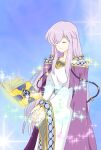  1girl book cape circlet closed_eyes dress fire_emblem fire_emblem:_genealogy_of_the_holy_war floating floating_book floating_object highres julia_(fire_emblem) long_hair magic purple_cape purple_hair siglud1225 simple_background smile solo wide_sleeves 