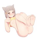  1girl animal_ears bare_shoulders barefoot blush bottomless breasts brown_eyes brown_hair cat_ears cat_girl censored closed_mouth commission feet foot_focus full_body highres looking_at_viewer lying maidforge mosaic_censoring nia_(xenoblade) nipples no_bra on_back pussy shirt short_hair simple_background small_breasts soles solo white_background xenoblade_chronicles_(series) xenoblade_chronicles_2 yellow_shirt 