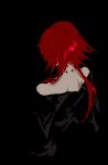  1other absurdres bare_shoulders black_background black_dress commentary_request crimson_(ragna_crimson) dress from_behind highres long_hair neck_tattoo ponytail ragna_crimson red_hair simple_background tattoo upper_body victima 