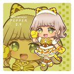  1girl :d animal_ear_hairband animal_ears animal_print boots border brown_hair cat_ear_hairband cat_ears cat_tail character_name chibi chii_(chi_pppuri) commentary_request dress fake_animal_ears fang full_body fur-trimmed_boots fur_trim green_eyes hairband hand_up happy_birthday idol_clothes looking_at_viewer mittens mole mole_under_mouth open_mouth outline pretty_series pripara short_hair smile solo standing tail taiyo_pepper white_border white_outline yellow_dress zoom_layer 
