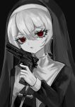  1girl black_background closed_mouth coif cross eyelashes greyscale gun habit hair_between_eyes hand_up handgun highres holding holding_gun holding_weapon latin_cross long_sleeves looking_at_viewer mole mole_under_eye mole_under_mouth monochrome nun original red_eyes shiona_(siona0625) simple_background solo spot_color traditional_nun upper_body veil weapon 