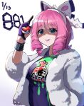  1girl blue_eyes breasts collared_shirt drill_hair dynamax_band eyeshadow flipped_hair fur_jacket gloves hairband highres jacket klara_(pokemon) makeup medium_breasts mole mole_under_mouth noeru pink_eyeshadow pink_hair pink_lips pokemon pokemon_swsh print_shirt shaded_face shirt single_glove twin_drills upper_body white_hairband white_jacket 