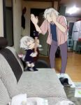  1boy 1girl bang_dream! bang_dream!_it&#039;s_mygo!!!!! black_socks blue_shirt brown_jacket closed_eyes coldcat. commentary highres indoors jacket jpeg_artifacts kaname_raana meme meme_request mini_person motion_blur open_clothes open_jacket photo_background playing_guitar shirt short_hair socks standing white_hair 