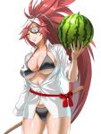  1girl alternate_costume amputee baiken big_hair bikini black_bikini breasts cleavage collared_shirt eyepatch facial_tattoo food fruit gesso guilty_gear guilty_gear_xrd highres holding_watermelon large_breasts long_hair long_sleeves looking_at_viewer one-eyed parted_lips ponytail red_eyes red_hair scar scar_across_eye shirt skull_print swimsuit tassel tattoo watermelon white_shirt 