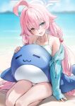  :d beach blue_archive blush collarbone cowlick fang hair_ornament halo heterochromia highres hoshino_(blue_archive) hoshino_(swimsuit)_(blue_archive) mungduck open_mouth pink_hair pink_halo smile 