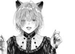  1boy animal_ears blush bruise bruise_on_face cat_ears dm_owr frilled_shirt frills greyscale highres injury looking_at_viewer male_focus medium_hair messy_hair monochrome nail_polish one_eye_closed original parted_lips portrait ribbon shirt simple_background smile solo tongue wrist_ribbon zipper 