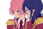  2boys ao_(ao0_0nemu) bad_id bad_twitter_id blue_eyes blue_hair collared_shirt epaulettes hand_up highres jacket king_of_prism long_sleeves looking_to_the_side male_focus multiple_boys open_mouth otoko_no_ko pink_eyes pink_hair pretty_rhythm pretty_series profile red_jacket saionji_leo shirt short_hair simple_background smile suzuno_yuu upper_body white_background white_shirt 