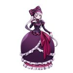  1girl bow breasts dress frilled_dress frills gothic_lolita hair_bow lolita_fashion medium_breasts official_art overlord_(maruyama) ponytail purple_dress red_eyes shalltear_bloodfallen smile solo vampire 