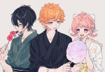  3boys ao_(ao0_0nemu) bad_id bad_twitter_id black_hair black_kimono braid commentary_request cotton_candy crossdressing floral_print_kimono food fruit glasses green_eyes green_kimono hair_between_eyes hands_up highres holding holding_food japanese_clothes juuouin_kakeru kimono king_of_prism kougami_taiga male_focus multiple_boys open_mouth orange_eyes orange_hair otoko_no_ko pink_eyes pink_hair pretty_rhythm pretty_series saionji_leo short_hair smile sparkle strawberry twin_braids upper_body yukata 