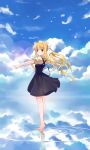  105961 1girl absurdres air_(visual_novel) barefoot black_dress blonde_hair blue_eyes blue_sky blush closed_mouth commentary_request day dress falling_feathers feathers floating_clothes floating_hair from_behind full_body hair_between_eyes hair_intakes hair_ribbon highres kamio_misuzu lens_flare long_hair looking_at_viewer looking_back outdoors outstretched_arms ponytail puffy_short_sleeves puffy_sleeves reflection reflective_water ribbon ripples school_uniform shirt short_sleeves sky sleeveless sleeveless_dress smile solo standing tiptoes very_long_hair water white_feathers white_ribbon wind yellow_shirt 