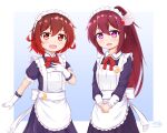  2girls alternate_costume alternate_hairstyle apron blue_background blue_dress bow bowtie brown_hair crescent crescent_pin dress enmaided frilled_apron frills gloves gradient_background gradient_hair highres kantai_collection kisaragi_(kancolle) long_hair long_sleeves maid maid_headdress multicolored_hair multiple_girls mutsuki_(kancolle) ponytail purple_eyes red_bow red_bowtie red_eyes red_hair red_ribbon ribbon short_hair white_apron white_background white_gloves zanne 