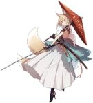  1girl animal_ears ark_order arm_tattoo back_tattoo black_footwear black_gloves blonde_hair blue_jacket boots cherry_blossoms clothes_around_waist dress fox_ears fox_girl fox_tail full_body gloves hakama hakama_skirt haori high_heel_boots high_heels holding holding_sword holding_umbrella holding_weapon jacket jacket_around_waist japanese_clothes kamon_(shinshin) katana looking_at_viewer multicolored_hair multiple_tails official_art oil-paper_umbrella parted_lips partially_fingerless_gloves pink_eyes print_jacket red_umbrella sheath sheathed short_hair skirt solo sword tachi-e tail tamamo_no_mae_(ark_order) tattoo transparent_background umbrella unsheathed weapon white_dress white_hakama 