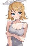  1girl :/ alternate_breast_size arm_under_breasts bare_shoulders blonde_hair blue_eyes blush bow breasts cleavage closed_mouth collarbone dot_nose flipped_hair grey_shirt hair_bow hair_ornament hairclip highres holding_own_arm kagamine_rin looking_at_viewer medium_breasts medium_hair rakugaki_ningen shirt simple_background sleeveless sleeveless_shirt solo straight_hair swept_bangs upper_body vocaloid white_background white_bow 