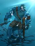 2020 abs air_bubble anthro arm_pouch arm_spikes arrow_(weapon) barefoot belt blue_body blue_scales blue_spikes bottomwear brown_bottomwear brown_clothing brown_pants clothing crocodile crocodilian crocodylid crossbow digital_media_(artwork) fansl feet feral fish fish_in_mouth gustard_(sw08) head_ridge hi_res holding_arrow holding_crossbow hunting leather leather_strap light male marine metal_jaw muscular muscular_anthro muscular_male pants pecs pupils ranged_weapon reptile scales scalie school_of_fish slit_pupils solo spikes spikes_(anatomy) straps sunlight tail tail_ridge underwater water weapon wristband yellow_eyes