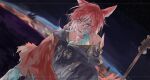  1boy cloak crystal_exarch dutch_angle final_fantasy final_fantasy_xiv g&#039;raha_tia highres hood hooded_cloak looking_at_viewer male_focus material_growth miqo&#039;te red_eyes red_hair scepter solo tladpwl03 