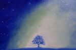  aurora blue_background blue_sky blue_theme highres mizukiteiko8 night night_sky no_humans original painting_(medium) sky star_(sky) starry_sky traditional_media tree water 