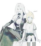  2girls age_difference armor black_coat black_shirt black_shorts blonde_hair breasts chinese_text cleavage cloud_strife coat commentary_request crossed_legs expressionless final_fantasy final_fantasy_vii genderswap genderswap_(mtf) green_hair grin hand_on_own_knee height_difference high_collar highres layered_shirt long_bangs long_hair looking_to_the_side multiple_girls open_clothes open_coat pale_color parted_bangs pauldrons sephiroth shirt shorts shoulder_armor sitting sketch slit_pupils smile spiked_hair thighhighs upper_body very_long_hair white_background white_shirt xianyu314 