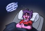  anthro bed breasts clothed clothing dialogue dialogue_box fangs felid feline female fur furniture hair hijackerdraws_(artist) lying mammal open_mouth open_smile penny_(anaugi) pink_body pink_fur purple_hair simple_background smile solo tongue 
