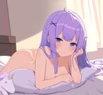  1girl ahoge arm_support ass azur_lane bed_sheet breasts cleavage closed_mouth commission completely_nude curtains english_commentary eyebrows_hidden_by_hair hair_ornament happy highres large_breasts light_blush light_smile long_hair looking_at_viewer lying myown nude on_bed on_pillow on_stomach pixiv_commission purple_eyes purple_hair shadow sidelocks solo stuffed_unicorn tareme unicorn_(azur_lane) very_long_hair 