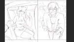 anthro black_and_white breasts canid canine car clothing comic comic_panel dress duo female flower flowers_in_hand fox grin hand_holding hinotama human humanoid interspecies jacket looking_at_viewer male male/female mammal monochrome plant rashayritto romantic romantic_couple short_dress sitting sketch smile tail the_sake_ninja topwear true_fox vehicle