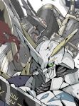  alphamon armor black_armor blurry blurry_background damaged digimon digimon_(creature) forehead_jewel green_eyes highres knight omegamon robot sawa_d shoulder_armor spikes sword trait_connection weapon white_background yellow_eyes 