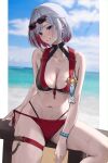  1girl absurdres alternate_costume bakemonsou bare_arms bare_shoulders beach bikini blue_eyes blurry blurry_background blush breasts cleavage collarbone colored_inner_hair day earrings eyewear_on_head grey_hair highres honkai:_star_rail honkai_(series) jewelry large_breasts looking_at_viewer mole mole_on_thigh multicolored_hair navel ocean outdoors paid_reward_available red_hair short_hair skindentation smile stomach strap_pull sunglasses swimsuit thigh_strap thighs topaz_(honkai:_star_rail) two-tone_hair underboob wet 