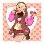  1boy ;p alternate_color androgyne_symbol blonde_hair blush box box_of_chocolates bridget_(guilty_gear) chocolate colored_skin cuffs food frilled_skirt frills gift gift_box green_eyes guilty_gear guilty_gear_strive habit handcuffs heart heart-shaped_box holding holding_chocolate holding_food holding_gift hood hood_up hooded_jacket hoodie jacket long_sleeves looking_at_viewer male_focus medium_hair one_eye_closed open_clothes open_hoodie otoko_no_ko pink_nails red_skin skirt smile tondabayashi_koori tongue tongue_out yo-yo 