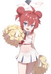  1girl absurdres ahoge blue_archive blue_eyes cheerleader crop_top detached_collar double_bun flat_chest hair_bun halo halterneck hand_up highres hirotaka0125 holding holding_pom_poms long_hair looking_at_viewer maki_(blue_archive) midriff millennium_cheerleader_outfit_(blue_archive) miniskirt navel open_mouth pleated_skirt pom_pom_(cheerleading) red_hair shirt simple_background skirt sleeveless sleeveless_shirt smile solo spaghetti_strap standing stomach sweat thighs white_background white_shirt white_skirt 