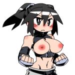  1girl belt black_belt black_eyes black_hair breasts breasts_out cannsk clenched_hands commentary_request detached_sleeves fingerless_gloves frown gloves grey_gloves kurogane_arumi large_breasts linea_alba mma_gloves nipples original sleeveless sleeveless_turtleneck solo teeth turtleneck twintails upper_teeth_only v-shaped_eyebrows 