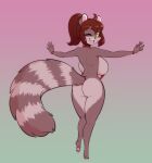 2024 absurd_res anthro back_boob big_breasts big_tail breasts brown_body brown_fur brown_hair butt clothing eyebrows eyelashes feet female fur hair hi_res looking_at_viewer looking_back looking_back_at_viewer mammal markings one-piece_swimsuit one_eye_closed open_mouth open_smile ponytail procyonid raccoon red_clothing red_swimwear ring_(marking) ringed_tail scorpdk sling_bikini smile solo spread_arms striped_markings striped_tail stripes swimwear tail tail_markings wink wristband yellow_eyes