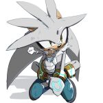  1boy boots candy food furry furry_male gloves hedgehog highres holding holding_food male_focus miijiu quill silver_the_hedgehog solo sonic_(series) teeth white_background white_fur yellow_eyes 
