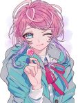  1boy ;q amemura_ramuda ao_(ao0_0nemu) blue_eyes blue_jacket closed_mouth collared_shirt commentary_request hand_up highres hood hood_down hooded_jacket hypnosis_mic jacket long_sleeves looking_at_viewer male_focus neck_ribbon one_eye_closed pink_hair pink_ribbon ribbon shirt short_hair sidelocks smile solo tongue tongue_out upper_body white_shirt 