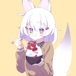  1girl animal_ears cross_(vgne4542) eating fox_ears fox_tail highres phase_connect purple_eyes rice short_hair simple_background solo tail tenma_maemi white_hair 