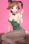  1girl animal_ears black_neckwear breasts brown_hair brown_legwear bunnysuit cleavage cowboy_shot fake_animal_ears fishnet_legwear fishnets flipped_hair green_eyes green_leotard hiei_(kantai_collection) highres kantai_collection kumadano leotard looking_at_viewer medium_breasts pink_background short_hair sitting solo strapless strapless_leotard yokozuwari 