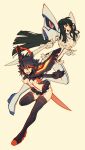  2girls :d arm_behind_back artist_name black_hair black_thighhighs blue_eyes blush breasts gloves hair_between_eyes highres kill_la_kill kiryuuin_satsuki leaning_forward long_hair looking_at_viewer matoi_ryuuko medium_breasts microskirt multicolored_hair multiple_girls oxcoxa red_hair red_thighhighs revealing_clothes scissor_blade_(kill_la_kill) senketsu short_hair skirt smile streaked_hair suspenders teeth thighhighs two-tone_hair two-tone_thighhighs underboob upper_teeth_only weapon 