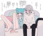  2girls aged_up ao_(ao0_0nemu) bad_id bad_twitter_id black_pants blue_eyes blue_hair blue_hoodie closed_mouth commentary_request couch dorothy_west double_bun feet_out_of_frame full_body green_eyes grey_hair hair_between_eyes hair_bun highres holding holding_phone hood hood_down hoodie knees_up leaning_back long_sleeves looking_at_another looking_at_phone multiple_girls on_couch pants phone pillow pretty_series pripara shikyoin_hibiki short_hair sitting slippers translation_request white_hoodie 