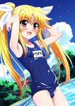  1girl armpits arms_up blonde_hair blush cloud cloudy_sky dutch_angle eyebrows_hidden_by_hair fate_testarossa fence hair_between_eyes hair_ribbon highres hip_bones long_hair looking_at_viewer lyrical_nanoha mahou_shoujo_lyrical_nanoha miyajima_hitoshi open_mouth pool_ladder poolside red_eyes ribbon school_swimsuit sky smile solo swimsuit twintails wet 