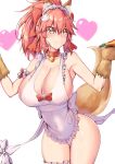 1girl absurdres alternate_breast_size animal_ear_fluff animal_ears apron bell bell_collar blush breasts cat_hair_ornament cat_paws cleavage collar eyebrows_visible_through_hair fang fate/grand_order fate_(series) food fox_ears fox_girl fox_tail gloves hair_ornament heart highres huge_breasts jingle_bell jo_(pixiv29989419) looking_away naked_apron paw_gloves paws pink_hair simple_background solo tail tamamo_(fate)_(all) tamamo_cat_(fate) white_apron white_background yellow_eyes 