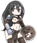 1girl arm_warmers asymmetrical_sleeves black_eyes black_hair breasts brown_thighhighs cannsk commentary_request crop_top gauntlets holding holding_shield linea_alba loincloth long_hair medium_breasts navel nipples one_breast_out original shield single_arm_warmer single_gauntlet single_shoulder_pad solo thighhighs very_long_hair wooden_shield 