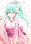  1girl blush bow breasts dragon_girl dragon_horns fate/grand_order fate_(series) green_hair hair_bow hair_ornament highres horns japanese_clothes kimono kiyohime_(fate) kiyohime_(under_the_same_sky)_(fate) long_hair long_sleeves looking_at_viewer medium_breasts multiple_horns obi pink_kimono ponytail sash sen_(astronomy) wide_sleeves yellow_eyes 