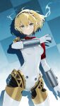  1girl aegis_(persona) android armband black_hairband blonde_hair blue_eyes bow bowtie closed_mouth commentary_request expressionless gold_trim hair_between_eyes hairband highres looking_at_viewer persona persona_3 persona_3_reload red_armband red_bow red_bowtie robot_ears short_hair siino solo twitter_username 