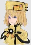  1girl alternate_hairstyle blonde_hair blue_eyes blush fur_hat guilty_gear guilty_gear_strive hat highres levvellevvel long_sleeves looking_at_viewer medium_hair millia_rage smile ushanka yellow_hat 